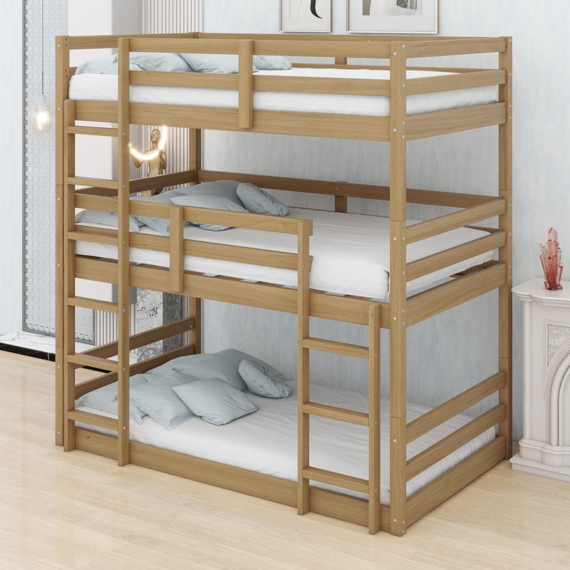 Triple-Tier Bunk Bed Featuring Two Built-In Ladders, Full-Perimeter Guardrails, And Modular Disassembly, White Oak