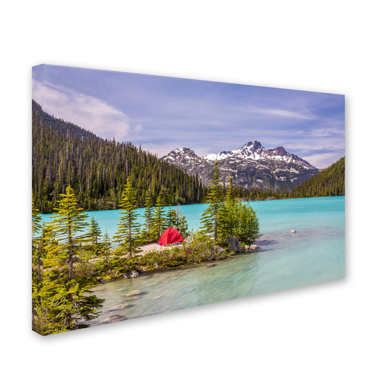 Red Tent on Blue Lake Landscape Canvas Print