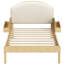 Structure de lit simple tapissier avec tête de lit courbée et rembourrée, pieds arqués et tablettes de rangement latérales, sans sommier, naturel