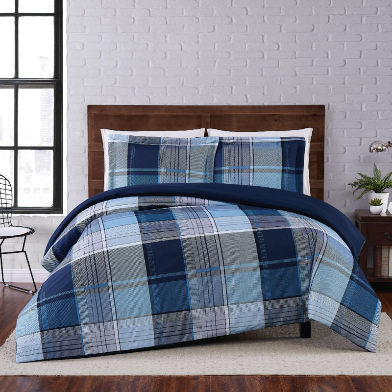 Navy and Gray Plaid Microfiber Full/Queen Duvet Cover Set