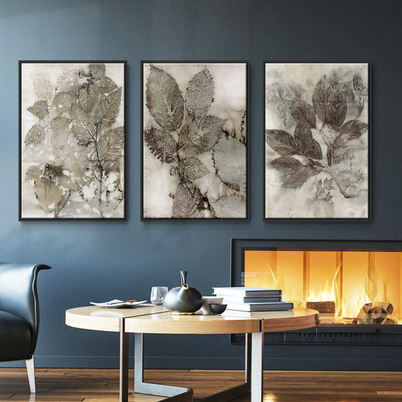 «Birch Leaves», ensemble de 3 toiles tendues sur châssis de qualité supérieure, Noir, H 36 po x l 72 po
