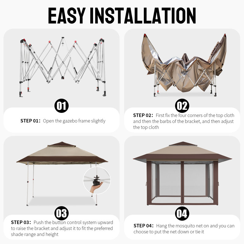 13 Ft. W x 13 Ft. D Outdoor Gazebo for Backyard & Patio Lawn with Netting (Khaki&Coffee), Khaki/Coffee, 13' W x 13' D