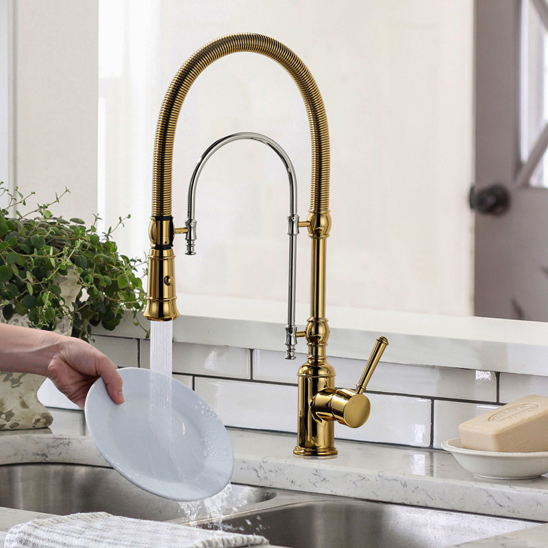 Pull Out Gooseneck High-Arc Kitchen Faucet, Gold/Chrome