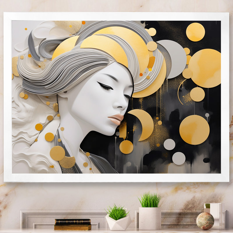 Portrait glamour doré d'une jeune femme élégante, H 34 po x l 44 po x P 1,5 po, Cadre simple blanc