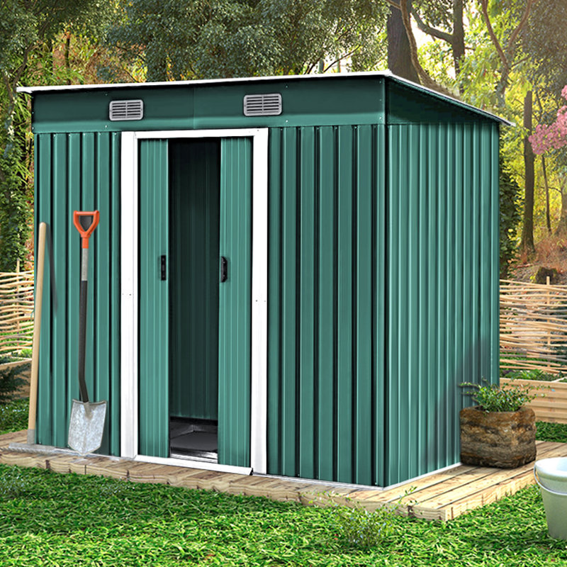 Dark Green Flat Roof Metal Tool Shed