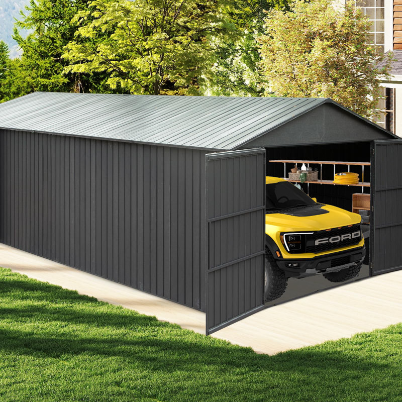 Outdoor Metal Garage Shed, Extra Large Metal Carport With Lockable Double Hinged Doors, Heavy Duty Car Shelter For Car, Truck, Motorcycle And Lawn Equipment, Dark Grey