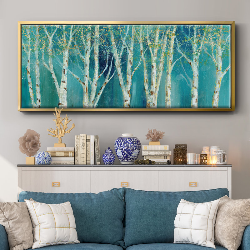 Bouleau sur toile bleue encadrée, H 20 po x l 50 po
