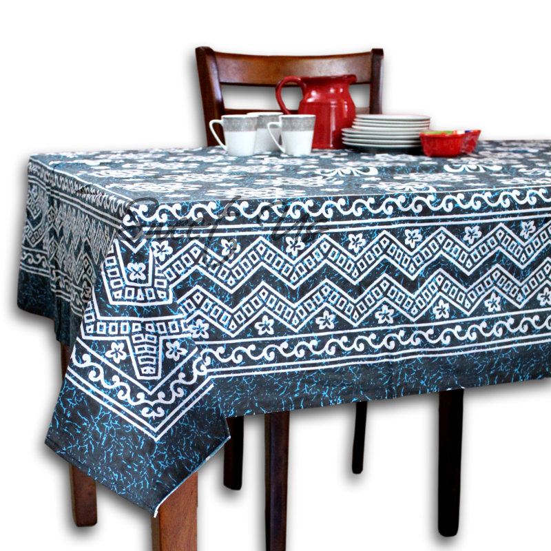 Cotton Floral Tablecloth Rectangle  70X104 Black Grey Kitchen Dining Linen, Blue/Gold