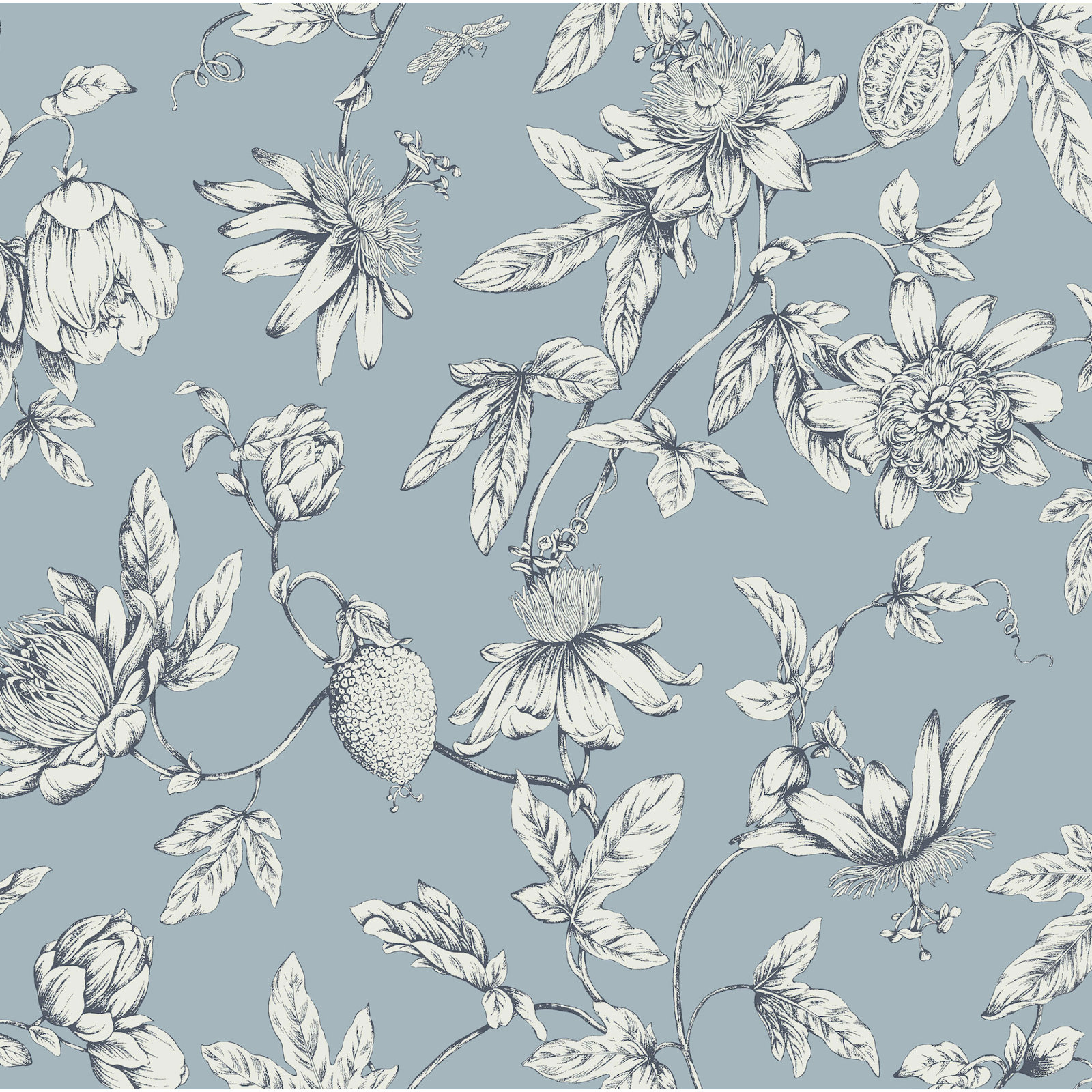 Passion Flower Toile Floral Wallpaper, Sky Blue
