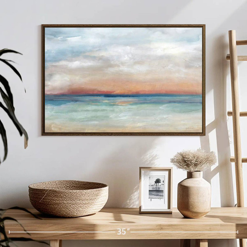 Scène sereine, paysage lumineux, 25 po x 17 po, Cadre flottant en noyer