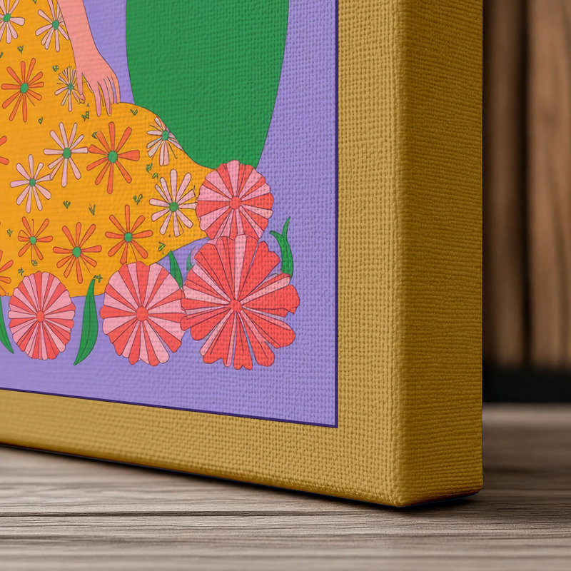 Woman Among Flowers Boho - Wrapped Canvas, 24x16 - 61.0 x 40.6 cm, Ochre Border
