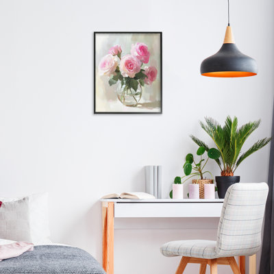 Glass Vase Pink Roses Framed Giclee, design by Petal Prints Design