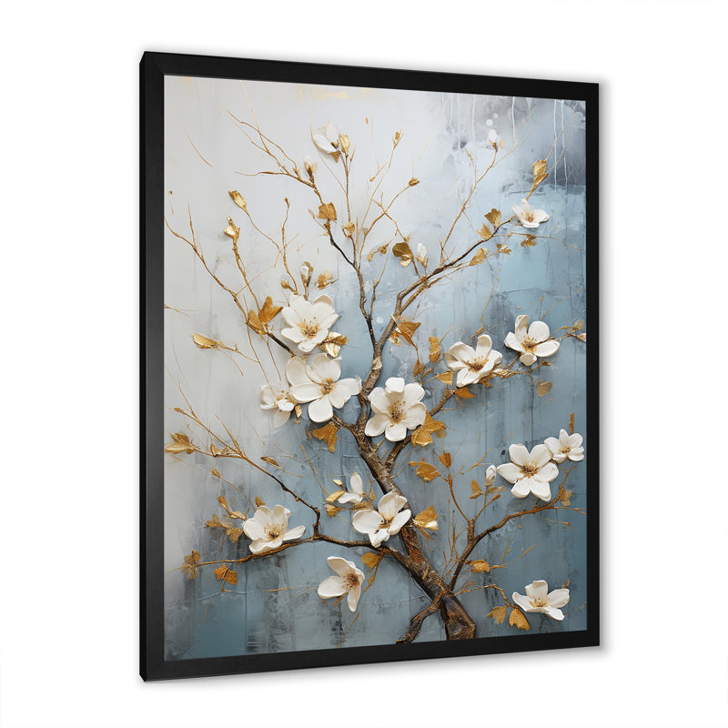«Peacefulness White Blue Dogwood I» - art mural cornouiller, H 44 po x l 34 po x P 1,5 po, Cadre simple noir