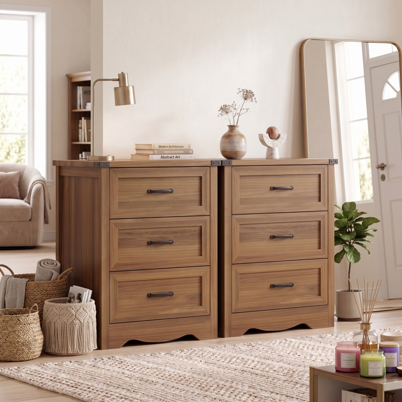 Ensemble de 2 tables de chevet avec poignées en métal, rangement de chevet rustique à 3 tiroirs de 23,6 po pour la chambre à coucher