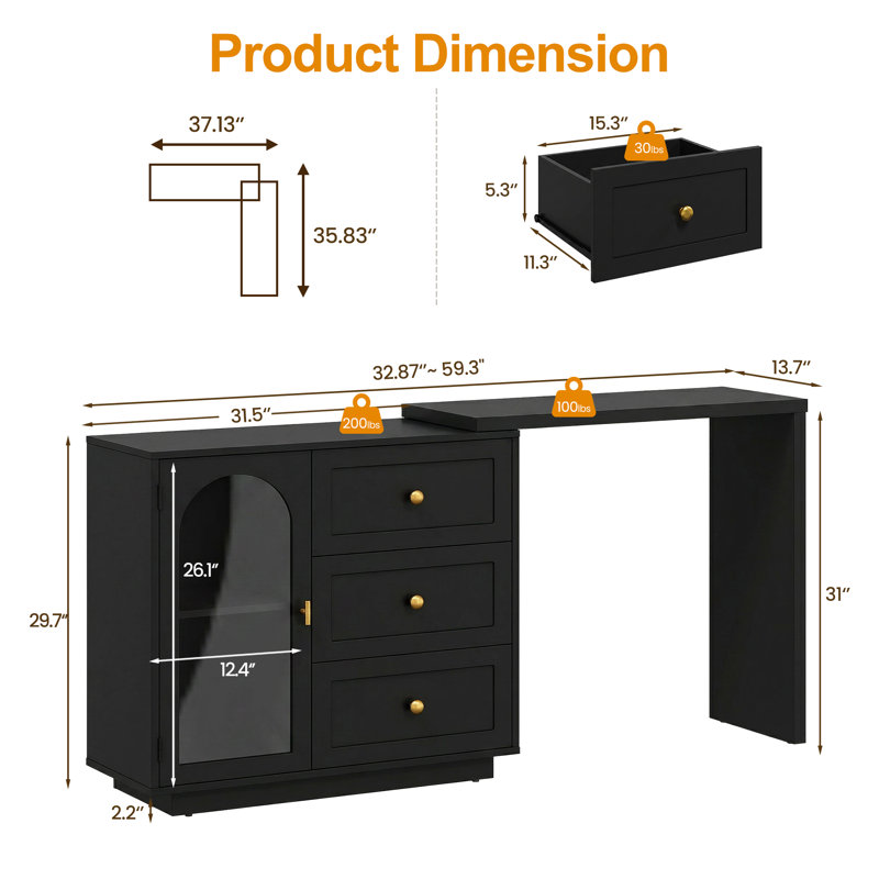 Yokota Extendable Makeup Vanity Table with 3 Drawers and Acrylic Door, Black