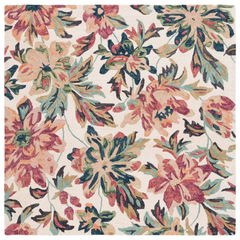 Kameyah Hand Tufted Wool/Cotton Floral Rug in Ivory/Plum, Square 6'