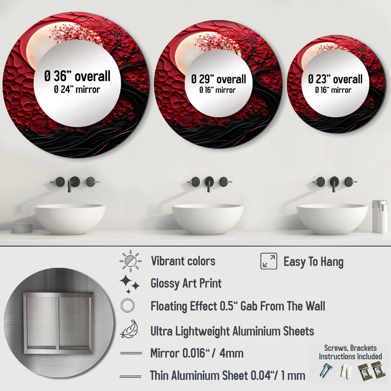 Red Moon Ruby Radiance - Moon Decorative Mirror, Red Round Wall Mirror, Printed Metal Art, 36" x 36"