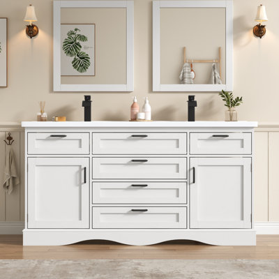 59" Modern Double Sink Bathroom Vanity With Undermount Basins, Freestanding Cabinet With 2 Doors, 3 Drawers & Flip-Top Storage Compartments