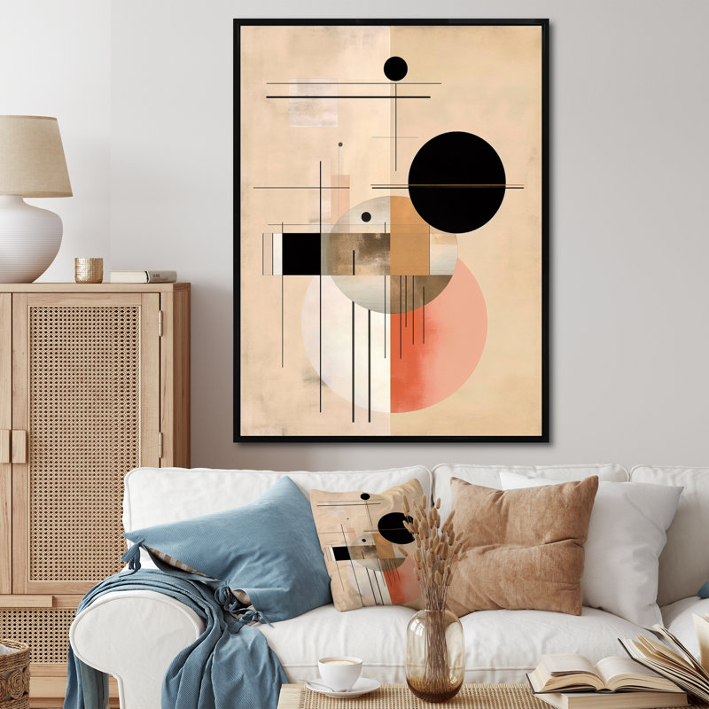 Géométrie beige en mouvement V sur toile, Cadre flottant noir, H 32 po x l 24 po x P 1 po