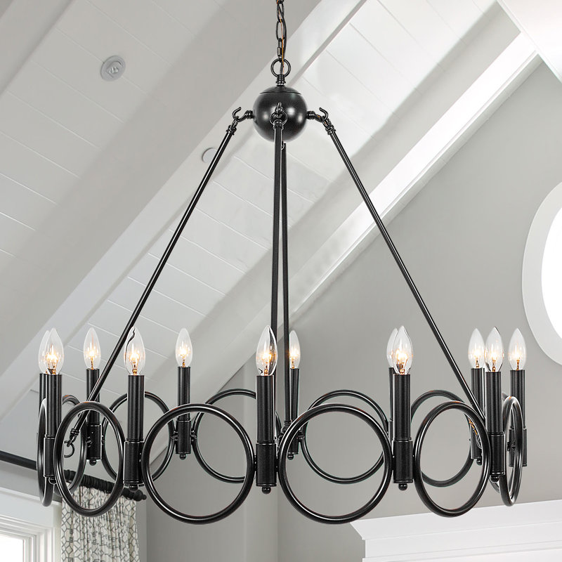 Albata 12-Light Wagon Wheel Candle Style Chandelier, Classic Black