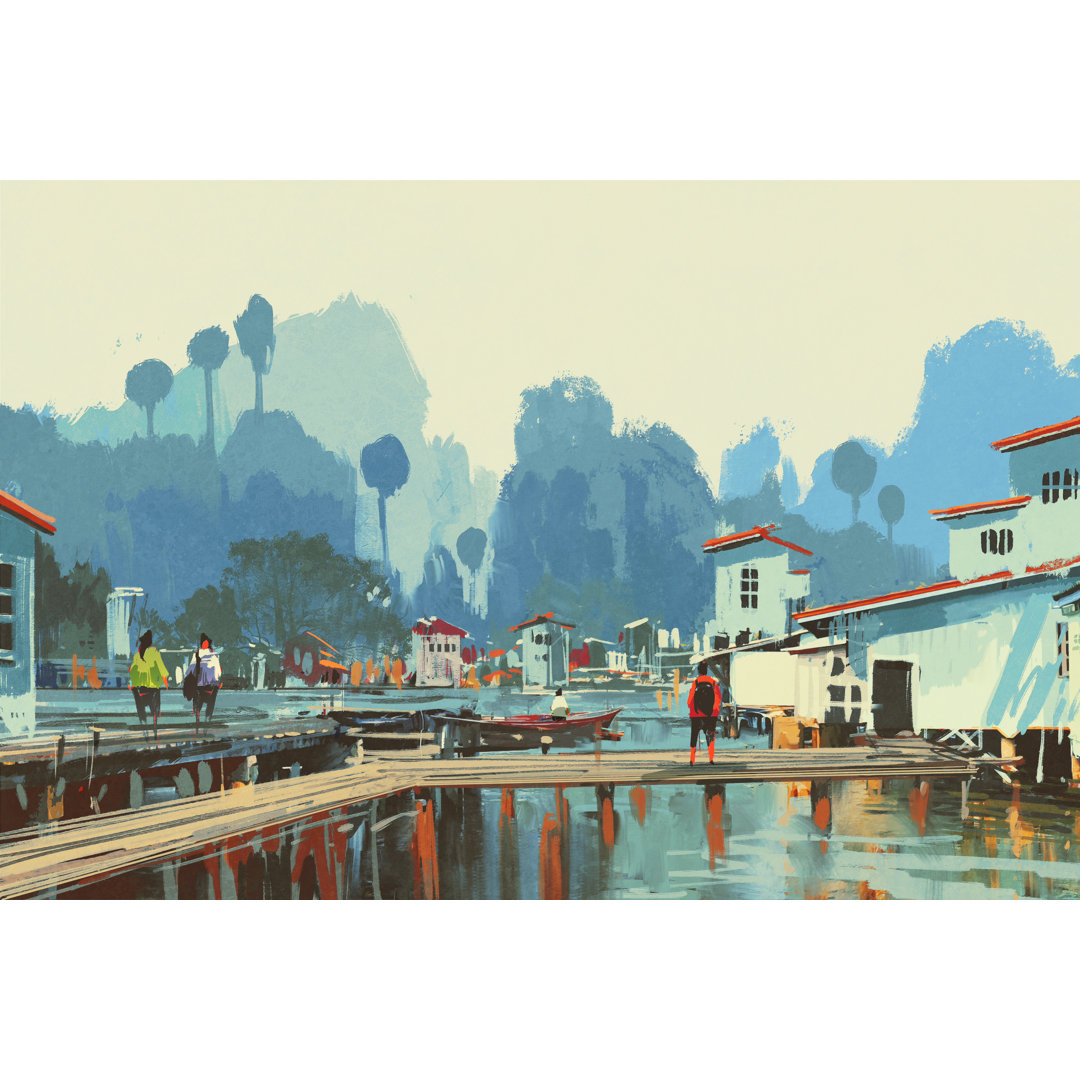 Landscape Painting Of River Village - Wrapped Canvas Painting