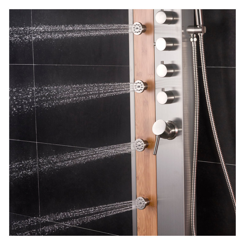 Panneau de douche 57 po avec pomme de douche réglable, Acier inoxydable / bambou