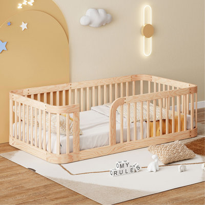 Wood Twin Size Wood Floor Bed Frame with Fence, Natural