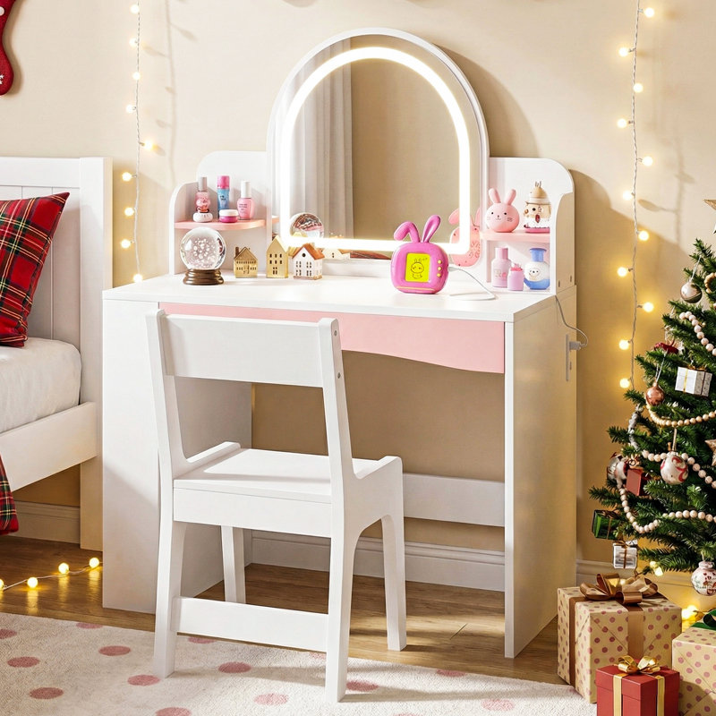 Bureau de coiffeuse pour enfants avec miroir à DEL, fauteuil et bloc d'alimentation