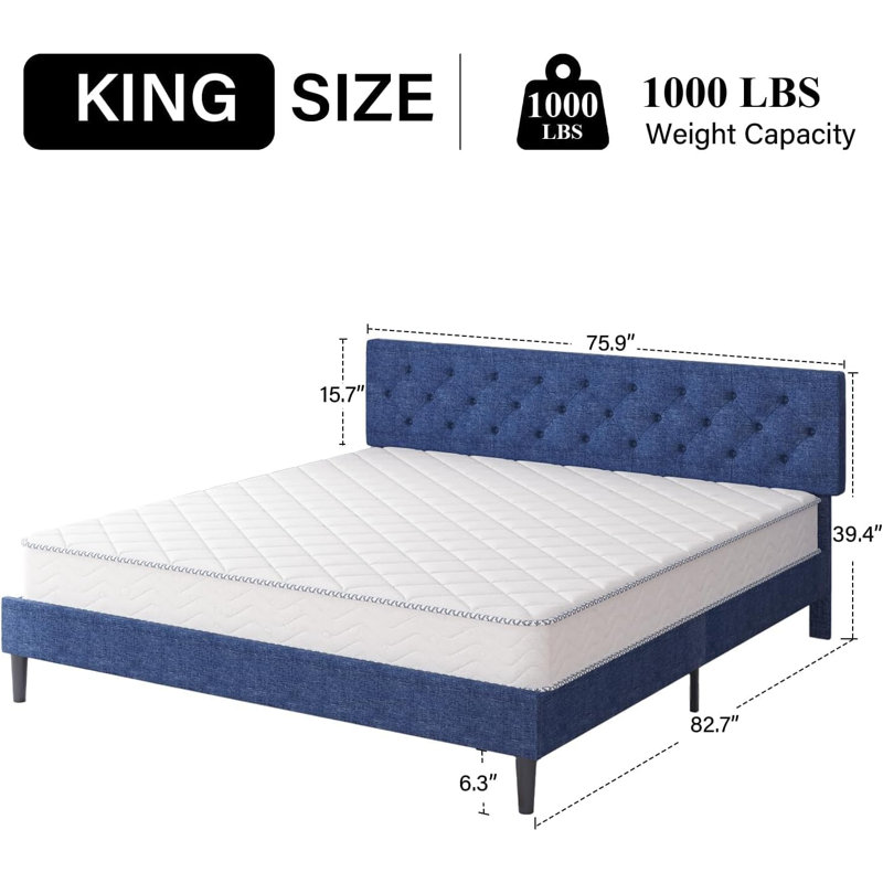 Bed Frames with Button Tufted Headboard, Linen Upholstered Platform Bed with Wooden Slats Support, Easy Assembly, No Box Spring Required