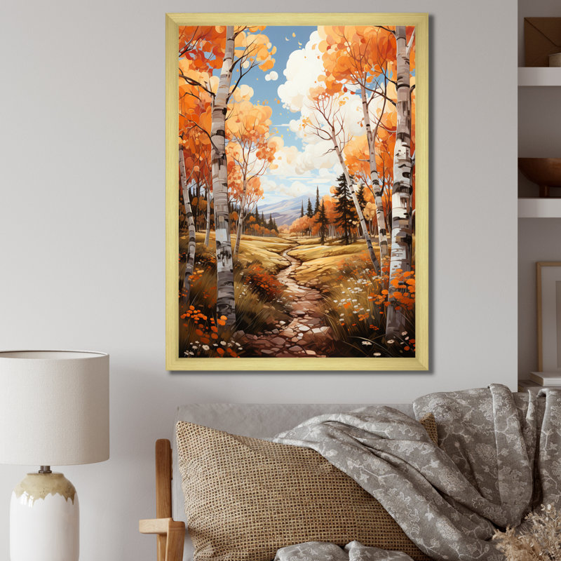 «Decollete Birch Woods Autumn Whispers VII», reproduction d'art sur toile, H 32 po x l 16 po x P 1 po, Encadrement doré