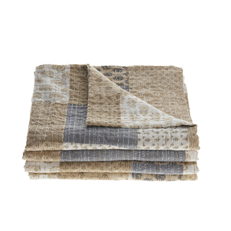 Kantha Traditional Cotton Coverlet, Queen, Cream