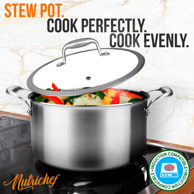 NutriChef 5-Quart Stainless Steel Stew Pot with Glass Lid