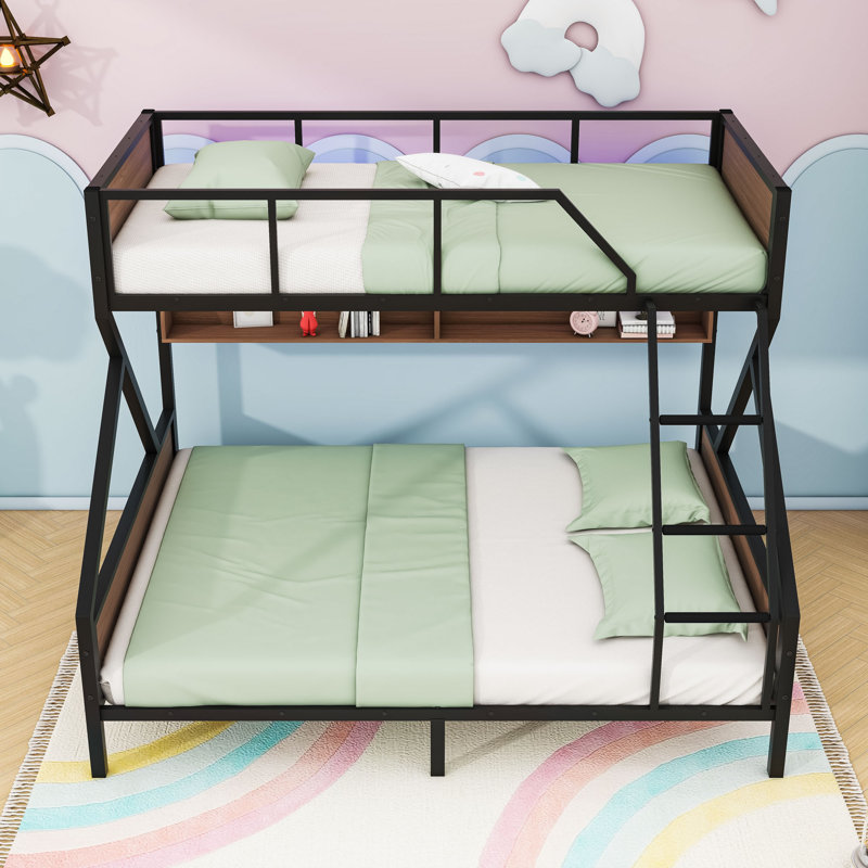 Metal Bunk Bed With Shelves And Lights, Twin XL Over Queen