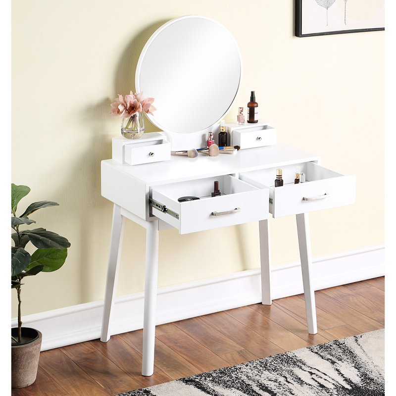 White Wood Vanity And Stool - Contemporary Design With Cushioned Seating, Storage Drawers For Makeup Essentials, 31.5"W X 15.75"D Table Top, 16.23"W 12.6"D 17.52"H Modern , Round Mirror, Solid