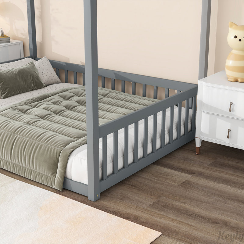 Lit en bois d'hévéa avec clôture Canopy, gris