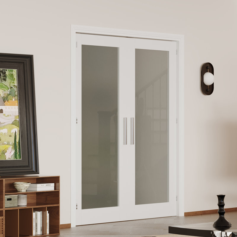 Portes doubles Slab - 1 verre givré Lite avec finition blanche, porte de garde-manger intérieure (poignée, loquet et goupille inclus, à peindre)