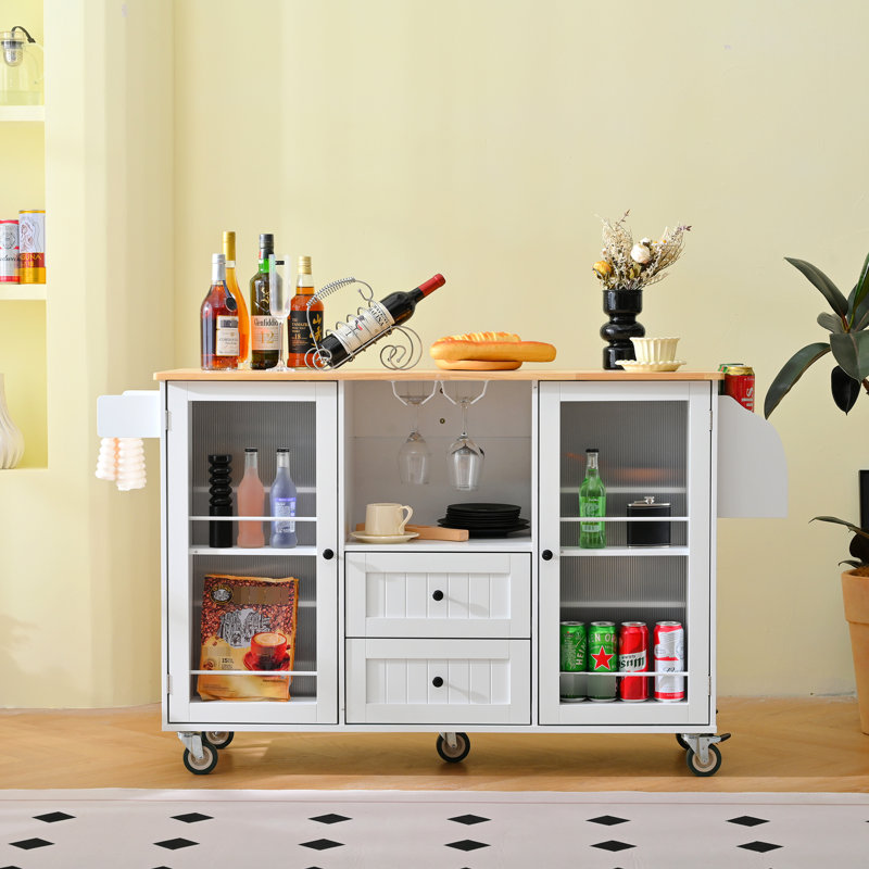 Chariot de rangement mobile pour îlot de cuisine sur roulettes avec plateau Dropleaf, porte-serviettes / épices, 2 tiroirs, armoire 2 portes, blanc