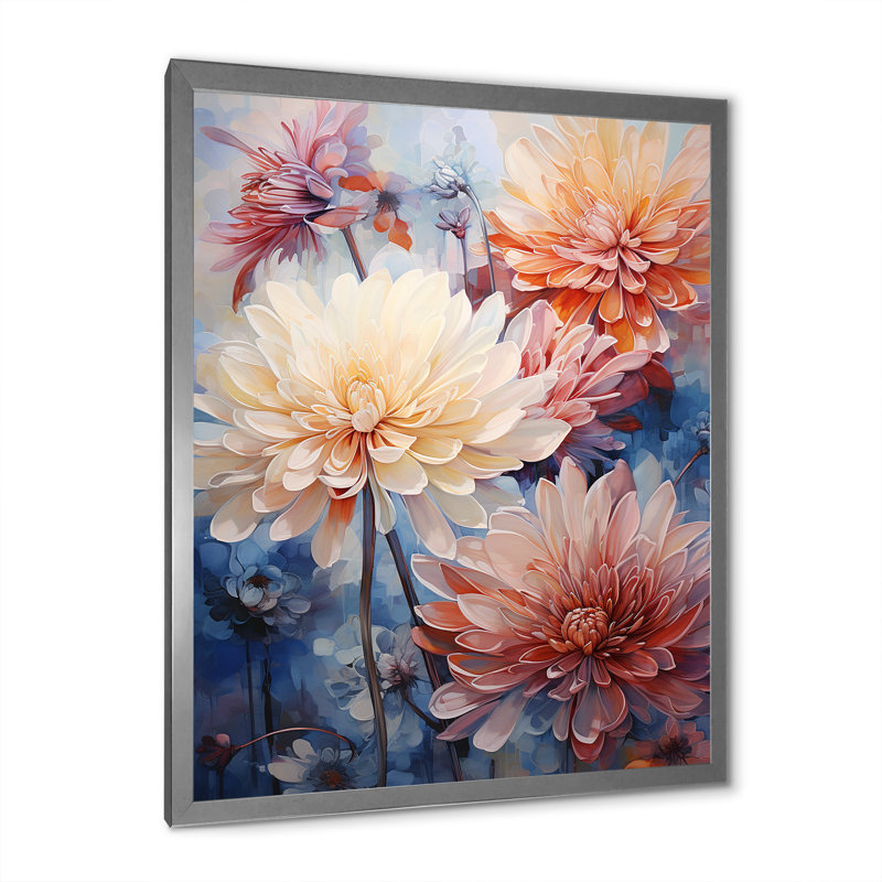 Minimalisme blanc et corail Chrysanthemums - Chrysanthemums Wall Art Living Room, Cadre simple argenté