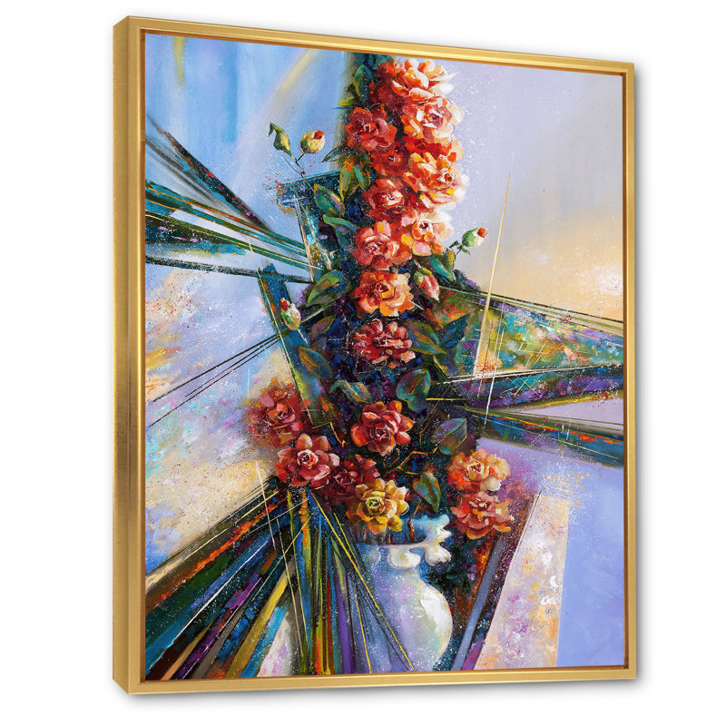 Camélia fleur dans un vase - reproduction d'art sur toile traditionnelle, H 20 po x l 12 po, Cadre flottant doré
