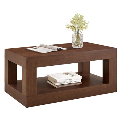 39.4" 2-Tier Mid Century Coffee Table with Storage – Rustic Farmhouse Rectangular Center Table with Thick Tabletop for Living Room, Office, or Apartment in Walnut