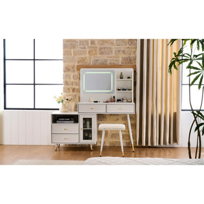 Modern White Makeup Vanity Desk With 3 - Color High Definition Lighting, Adjustable Cabinet Position, Storage Shelves, And Built In Charging Ports Lights, Interchangeable Side Cabinet, Drawer