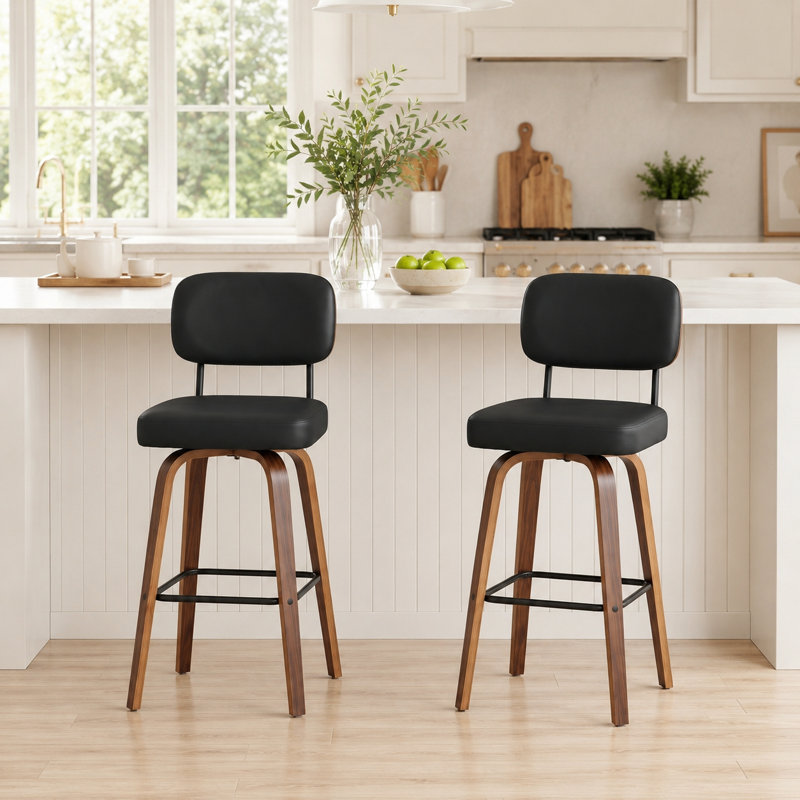 Tabouret de bar pivotant rembourré Hesson, hauteur du siège 29,5 po, structure en bois (ensemble de 2), Noir