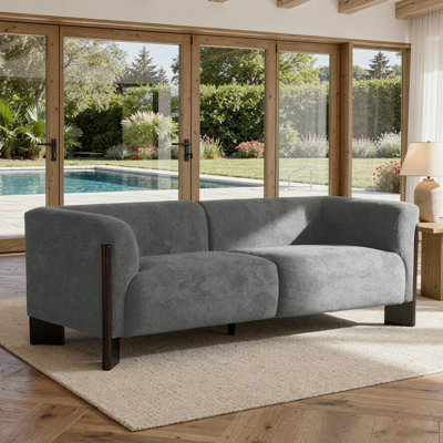 Upholstered Gray Chenille 2-Seater Modern Curved Arm Design Sofa With Solid Wood Legs