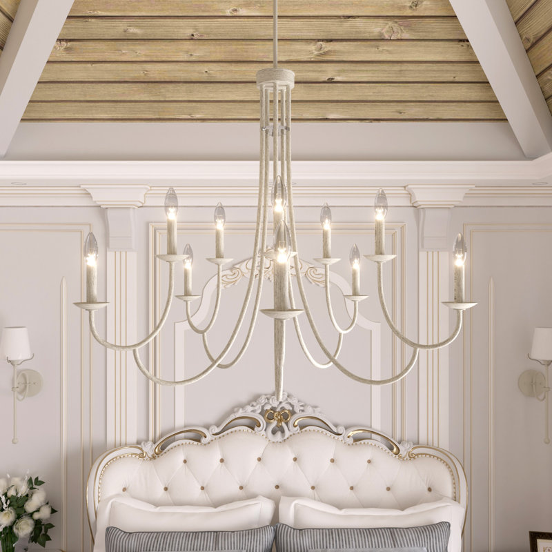 Lustre classique / traditionnel en acier à 10 lumières à intensité variable, Blanc délavé
