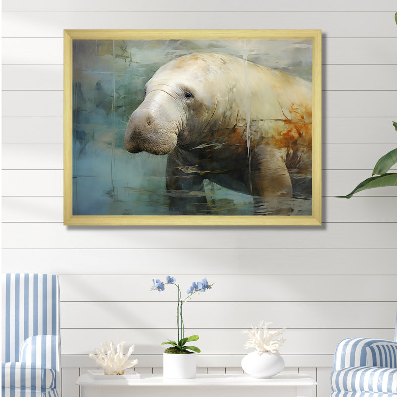 Humble lamantin gris sur toile, Cadre doré simple, H 16 po x l 32 po x P 1 po