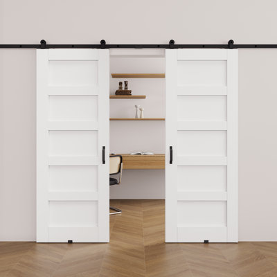 Pre-Finished White 5 Panel Sliding Barn Door With Easy-Install Installation Hardware Kit/No Assembly Required, Double Door