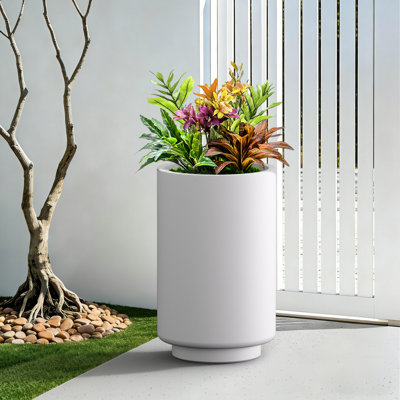 Grand pot à fleurs cylindrique en béton blanc brillant de 20 po avec trou de drainage pour l'intérieur et l'extérieur