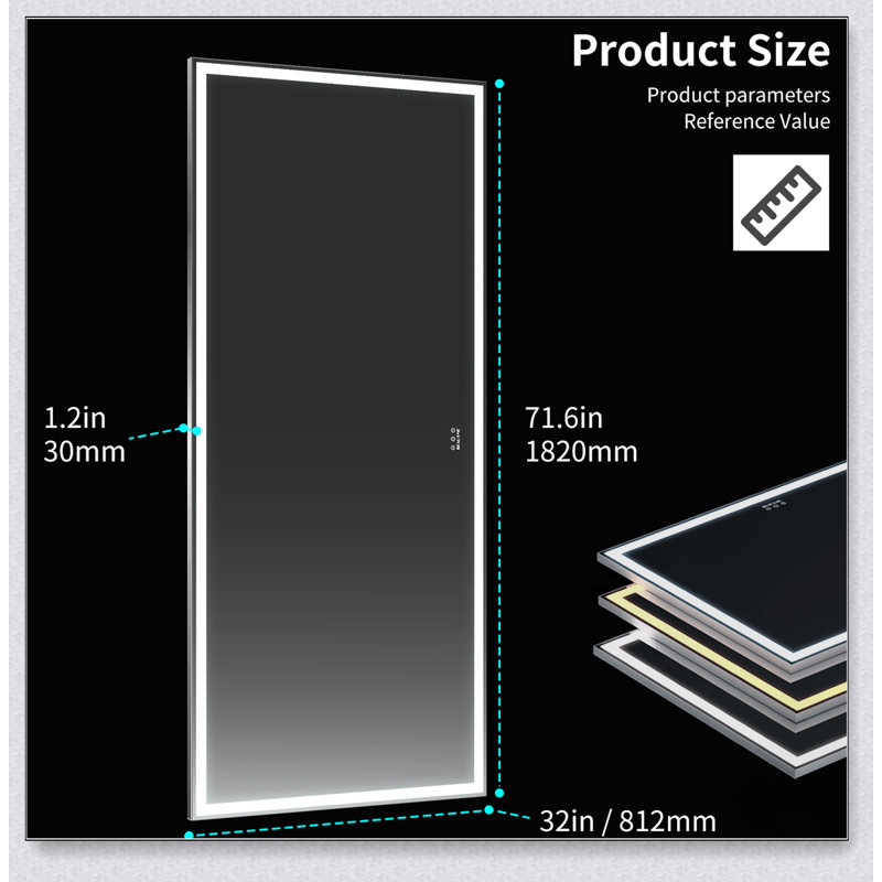 Miroir de salle de bain surdimensionné de 72 po x 32 po à DEL avec 3 modes de couleur, cadre en aluminium et conception éclairée pleine longueur pour les intérieurs modernes