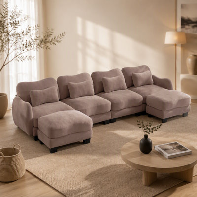 Canapé en U surdimensionné en chenille avec 4 coussins de taille exquise, canapé à 4 places avec 2 repose-pieds mobiles, design incurvé ergonomique, canapé modulaire facile à assembler pour le bureau du salon, poussière de rose