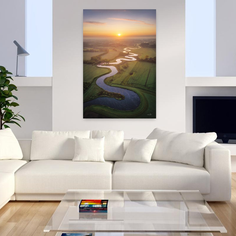 Coucher de soleil sur une rivière sinueuse, art contemporain au coucher du soleil, H 48 po x l 32 po